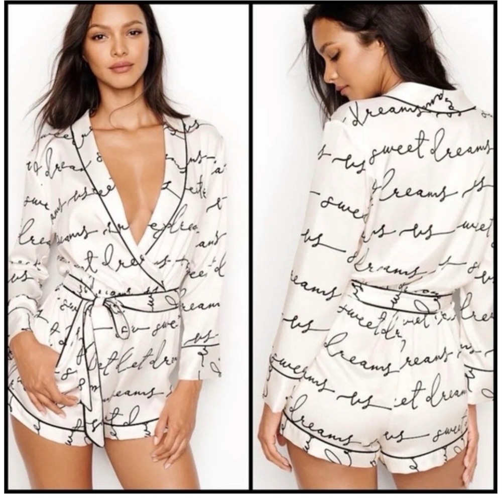 Victoria's Secret Sweet Dreams Satin Romper White Black Script 381839-FDC XS